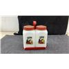 Image 2 : Vintage Tipp Milk Glass Sugar and Flour Shakers with Caddy and Pyrex 501 Red Refrigerator Dishes