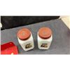 Image 4 : Vintage Tipp Milk Glass Sugar and Flour Shakers with Caddy and Pyrex 501 Red Refrigerator Dishes