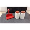 Image 5 : Vintage Tipp Milk Glass Sugar and Flour Shakers with Caddy and Pyrex 501 Red Refrigerator Dishes