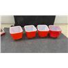 Image 6 : Vintage Tipp Milk Glass Sugar and Flour Shakers with Caddy and Pyrex 501 Red Refrigerator Dishes