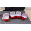 Image 7 : Vintage Tipp Milk Glass Sugar and Flour Shakers with Caddy and Pyrex 501 Red Refrigerator Dishes