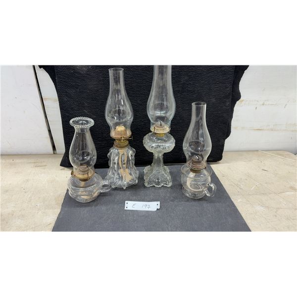 Antique Clear Glass Kerosene Oil Lamps, Two Table Lamps and Two Finger Lamps