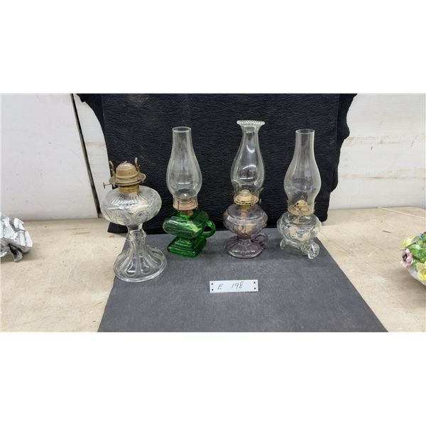 Antique Glass Kerosene Oil Lamps with Brass Burners and Chimneys, Set of Four