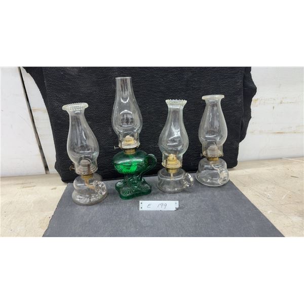Antique Glass Finger Oil Lamps, Emerald Green and Clear With Chimneys, Set of 4