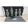 Image 1 : Antique Glass Finger Oil Lamps, Emerald Green and Clear With Chimneys, Set of 4
