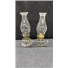Image 2 : Antique Glass Finger Oil Lamps, Emerald Green and Clear With Chimneys, Set of 4