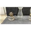 Image 3 : Antique Glass Finger Oil Lamps, Emerald Green and Clear With Chimneys, Set of 4