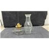 Image 4 : Antique Glass Finger Oil Lamps, Emerald Green and Clear With Chimneys, Set of 4