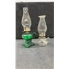 Image 5 : Antique Glass Finger Oil Lamps, Emerald Green and Clear With Chimneys, Set of 4