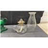 Image 6 : Antique Glass Finger Oil Lamps, Emerald Green and Clear With Chimneys, Set of 4