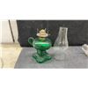 Image 7 : Antique Glass Finger Oil Lamps, Emerald Green and Clear With Chimneys, Set of 4