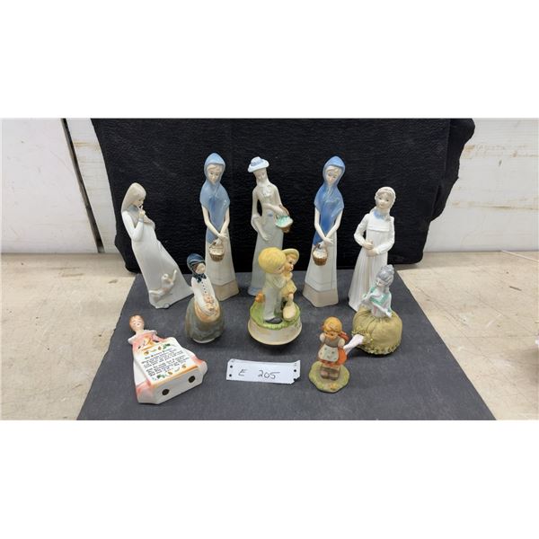 Lladro Style Porcelain Figurines, Goebel M.I. Hummel, Pincushion Half Doll, Kitchen Prayer and More