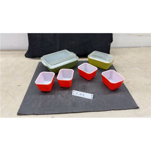 Vintage Pyrex Refrigerator Dish Set, Olive and Lime Green With Lids and Four Red Dishes No Lids