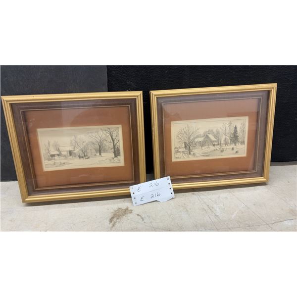 Pair of Framed Pete Jarente Winter Landscape Pencil Drawings, Farmhouse and Ice Skating Scenes