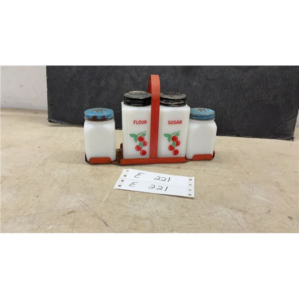 Vintage 1940s Hazel-Atlas Milk Glass Flour, Sugar, Salt and Pepper Shaker Set in Red Caddy