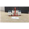 Image 1 : Vintage 1940s Hazel-Atlas Milk Glass Flour, Sugar, Salt and Pepper Shaker Set in Red Caddy