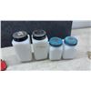 Image 4 : Vintage 1940s Hazel-Atlas Milk Glass Flour, Sugar, Salt and Pepper Shaker Set in Red Caddy
