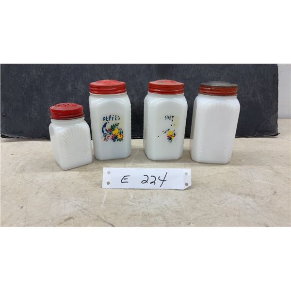 Vintage Hazel-Atlas Dolly Madison Milk Glass Salt and Pepper Shakers with Fruit Decals, 1930s-50s
