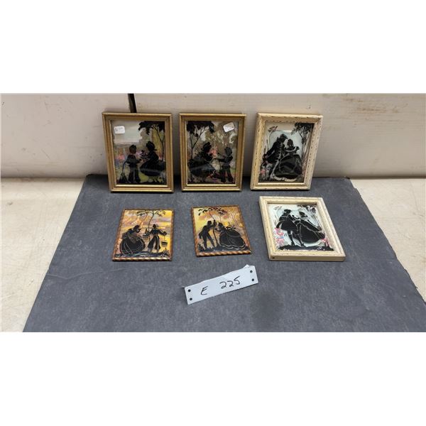 Set of Six Vintage Reverse Painted Silhouette Convex Pictures, Framed Victorian Scenes on Glass