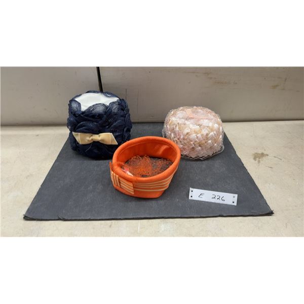 Three Vintage Hats: Navy Blue Pillbox, Pink Petal Pillbox, & Orange Headband with Netting