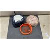 Image 6 : Three Vintage Hats: Navy Blue Pillbox, Pink Petal Pillbox, & Orange Headband with Netting