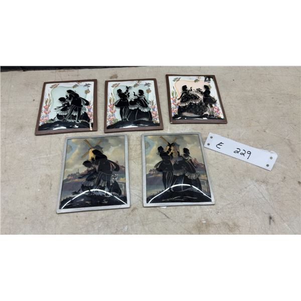 Set of Five Vintage Reverse-Painted Convex Glass Silhouette Artworks, Floral and Windmill Scenes