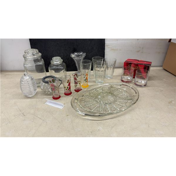 Assorted Glassware Including Anchor Hocking Prescut Relish Tray, Storage Jars, Tumblers and More