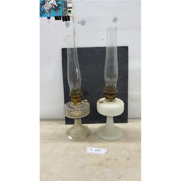 Pair of Vintage Aladdin Kerosene Oil Lamps with Clear and Milk Glass Quilted Diamond Bases
