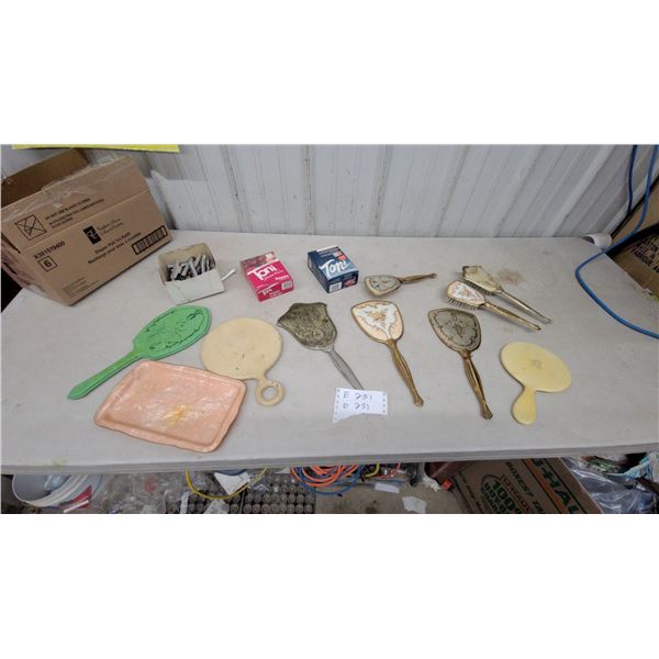 Vintage Vanity Set with Hand Mirrors, Brushes, Trays, and Toni Home Perm Kits