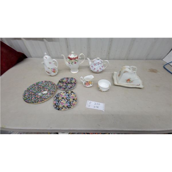 Assorted Porcelain Teaware with Floral Patterns and Gold Trim, Teapots, Plates and More Chintz