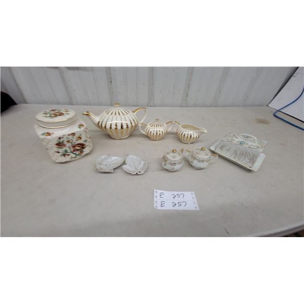 Lefton China Gold Stripe Tea Set, Floral Ginger Jar, Leaf Trinket Dishes and More Sadler