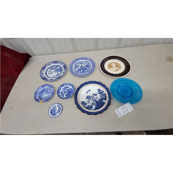 Blue Willow Plates, Queen Victoria Portrait Plate, Coronation Pressed Glass Dish, and More
