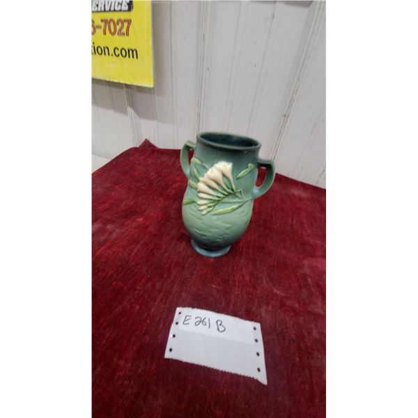 Roseville Pottery Freesia Pattern Green Two-Handled Vase, 1945, Cream Floral Relief 7.6" Tall