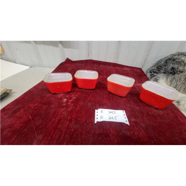 Vintage Pyrex Flameglo Red Refrigerator Dishes with Ribbed Glass Lids, Set of Four, Circa 1940s