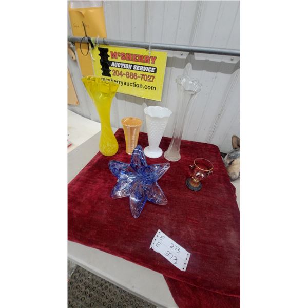 Art Glass Lot: Yellow Swirl Vase, Hobnail Milk Glass, Star Dish, Shriners Goblet and More