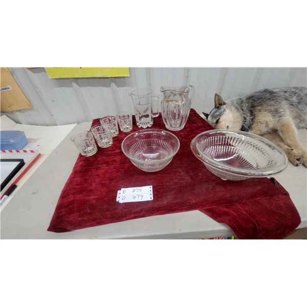 Mid-Century Frosted Wheat Pattern Glassware Set, Pitcher, Tumblers, Mixing Bowls and More