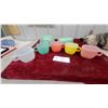 Image 5 : Fire-King Jadeite Swirl Mixing Bowl, Refrigerator Dish and Pastel Melamine Cups and More