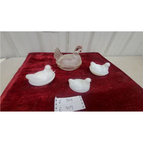 Vintage Milk Glass and Clear Hen on Nest Covered Dishes