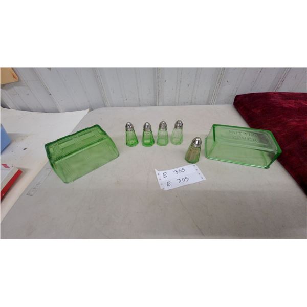 Green Depression Glass Refrigerator Dish, Butter Cover, and Five Paneled Salt and Pepper Shakers