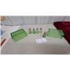 Image 1 : Green Depression Glass Refrigerator Dish, Butter Cover, and Five Paneled Salt and Pepper Shakers