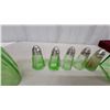 Image 2 : Green Depression Glass Refrigerator Dish, Butter Cover, and Five Paneled Salt and Pepper Shakers