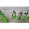 Image 3 : Green Depression Glass Refrigerator Dish, Butter Cover, and Five Paneled Salt and Pepper Shakers