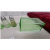 Image 5 : Green Depression Glass Refrigerator Dish, Butter Cover, and Five Paneled Salt and Pepper Shakers