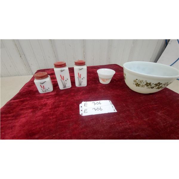 Hazel Atlas Cattail Shakers, Pyrex Spring Blossom Green Mixing Bowl, and More