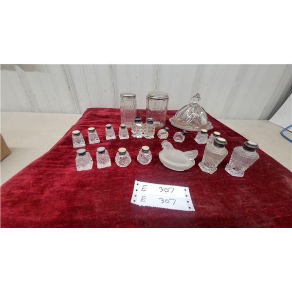 Vintage Clear Glass Shakers, Frosted Bird Bottle, and Scalloped Cloche with Faceted Finial and More