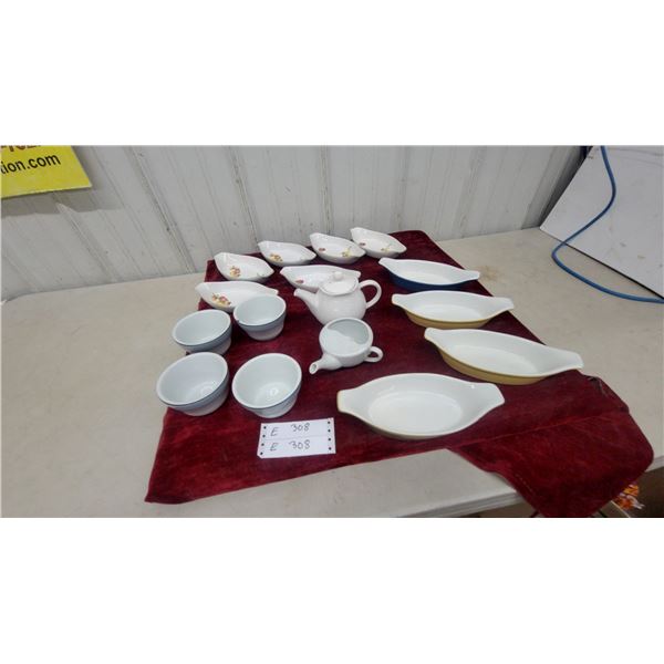 Assorted Porcelain Dinnerware, Fruit-Motif Boat Dishes, Teapots, Bowls, and More