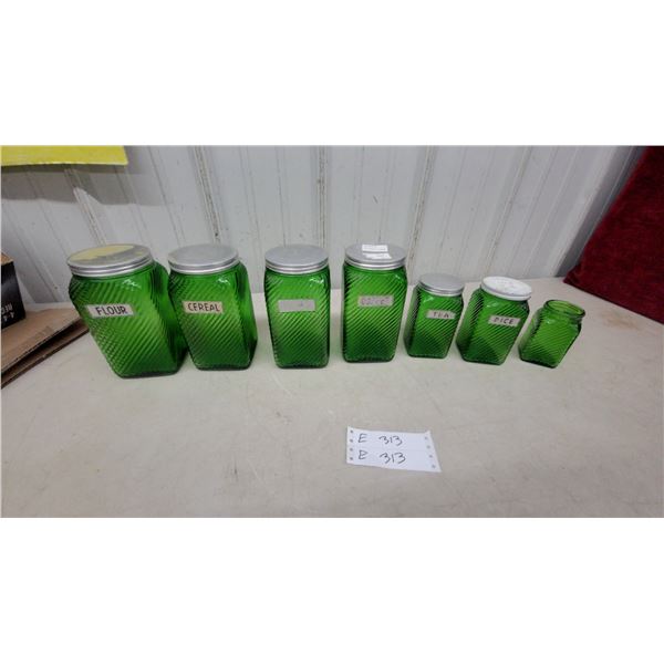 Vintage Green Ribbed Glass Kitchen Canister Set of 7, Flour, Cereal, Oats, Sugar, Tea, Rice