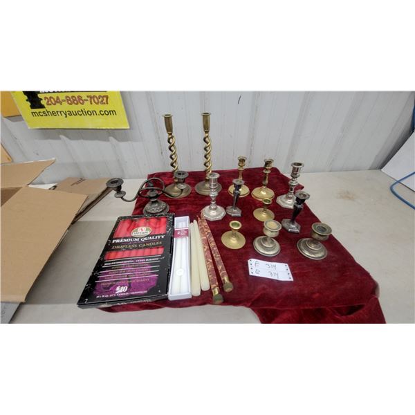 Assorted Brass and Silver-Tone Candlesticks, Candelabra, and Safeway Dripless Candles and More