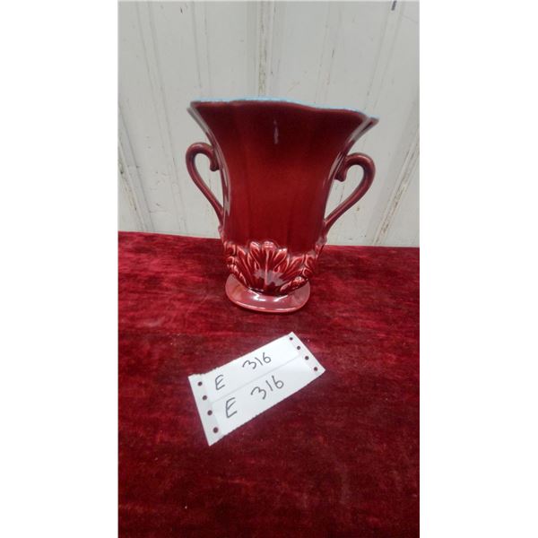 Red Wing Glossy Deep Red Ceramic Urn-Shaped Vase with Scroll Handles and Molded Leaf Relief