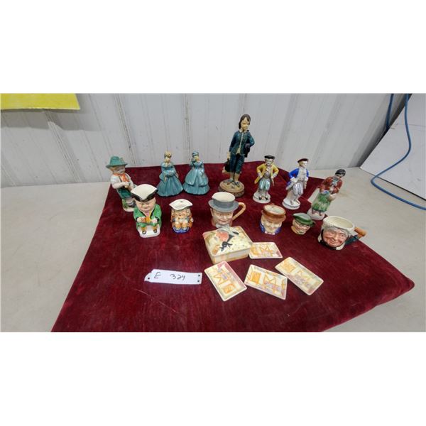 Collection of English-Style Ceramic Toby Character Jugs, Period Costume Figurines, and More